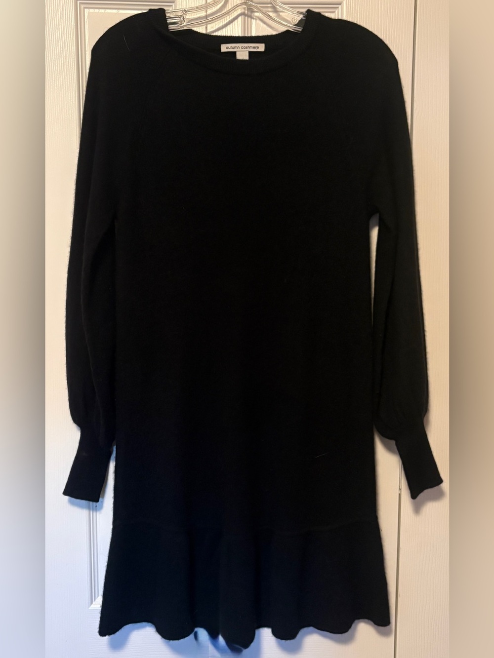 Autumn Cashmere Black Ruffle Hem 100% Cashmere Lantern Sleeve Sweater Dress XS